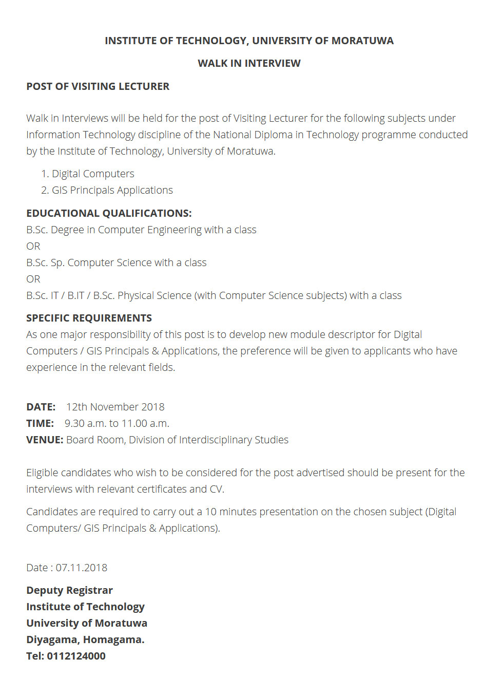 Visiting Lecturer - Institute of Technology - University of Moratuwa